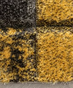 Well Woven Kenzo Retro Geometric Pattern 3D Textured Shag Yellow Grey Rug