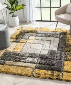 Well Woven Kenzo Retro Geometric Pattern 3D Textured Shag Yellow Grey Rug