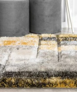Well Woven Kenzo Retro Geometric Pattern 3D Textured Shag Yellow Grey Rug