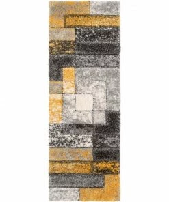 Well Woven Kenzo Retro Geometric Pattern 3D Textured Shag Yellow Grey Rug