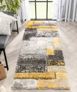 Well Woven Kenzo Retro Geometric Pattern 3D Textured Shag Yellow Grey Rug