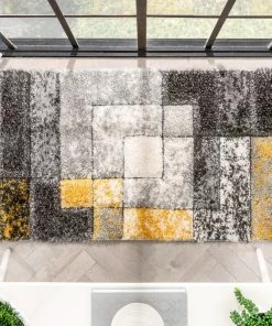 Well Woven Kenzo Retro Geometric Pattern 3D Textured Shag Yellow Grey Rug