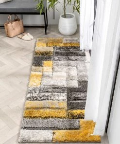 Well Woven Kenzo Retro Geometric Pattern 3D Textured Shag Yellow Grey Rug