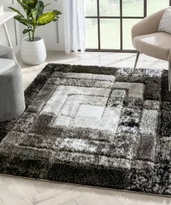 Well Woven Kenzo Retro Geometric Pattern 3D Textured Shag Black Grey Rug