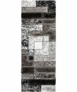 Well Woven Kenzo Retro Geometric Pattern 3D Textured Shag Black Grey Rug