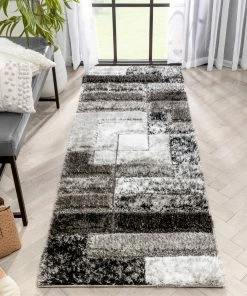 Well Woven Kenzo Retro Geometric Pattern 3D Textured Shag Black Grey Rug