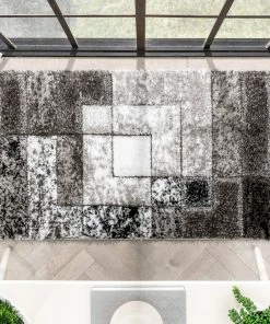 Well Woven Kenzo Retro Geometric Pattern 3D Textured Shag Black Grey Rug