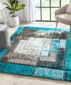 Well Woven Kenzo Retro Geometric Pattern 3D Textured Shag Teal Grey Rug