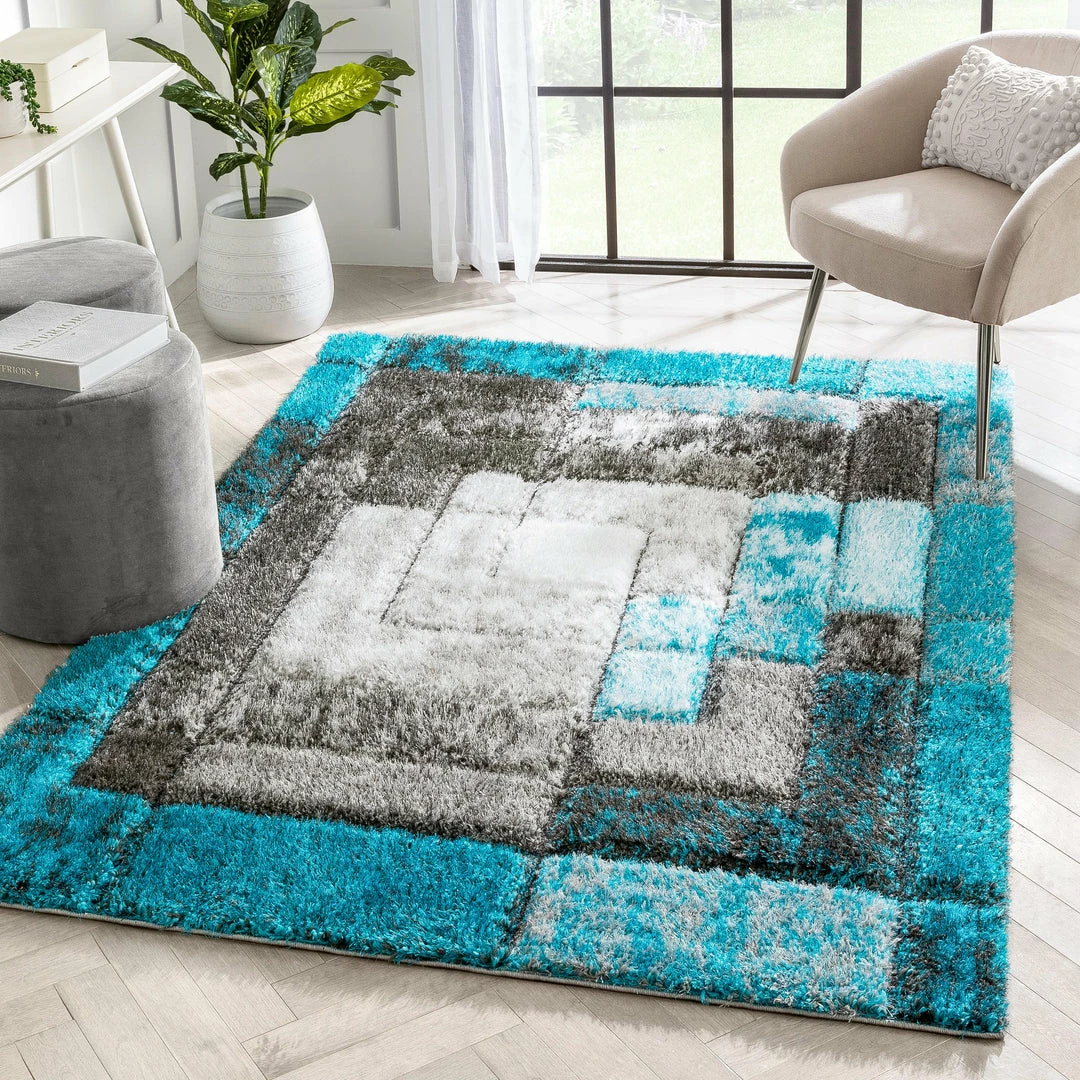 Well Woven Kenzo Retro Geometric Pattern 3D Textured Shag Teal Grey Rug 1 Well Woven Kenzo Retro Geometric Pattern 3D Textured Shag Teal Grey Rug