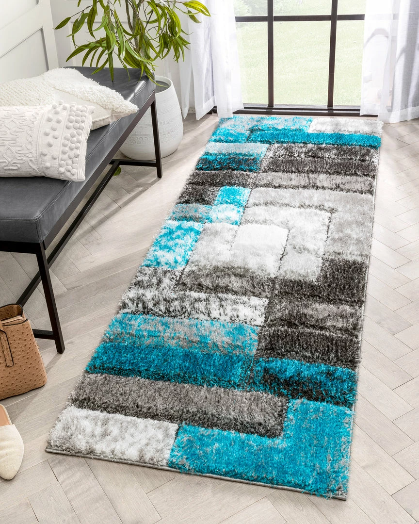 Well Woven Kenzo Retro Geometric Pattern 3D Textured Shag Teal Grey Rug 9 Well Woven Kenzo Retro Geometric Pattern 3D Textured Shag Teal Grey Rug