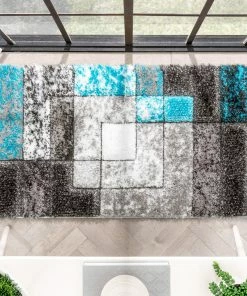 Well Woven Kenzo Retro Geometric Pattern 3D Textured Shag Teal Grey Rug 22 Well Woven Kenzo Retro Geometric Pattern 3D Textured Shag Teal Grey Rug