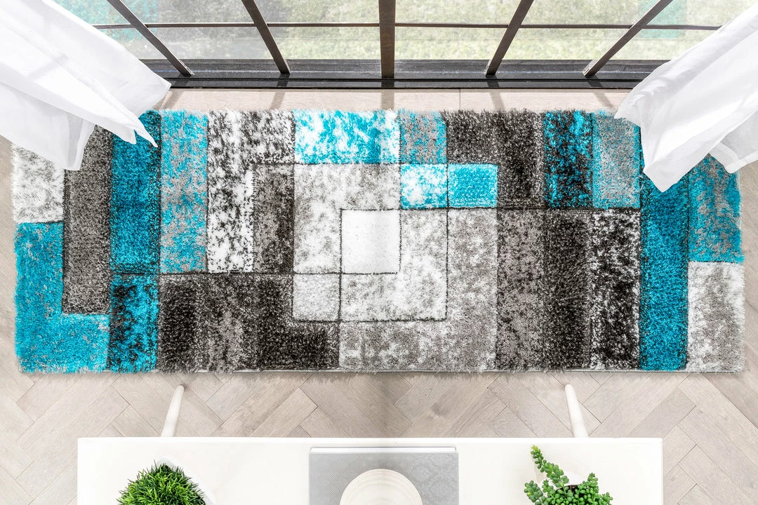 Well Woven Kenzo Retro Geometric Pattern 3D Textured Shag Teal Grey Rug 10 Well Woven Kenzo Retro Geometric Pattern 3D Textured Shag Teal Grey Rug