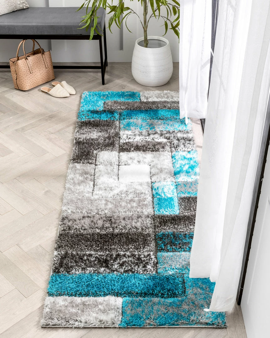 Well Woven Kenzo Retro Geometric Pattern 3D Textured Shag Teal Grey Rug 11 Well Woven Kenzo Retro Geometric Pattern 3D Textured Shag Teal Grey Rug