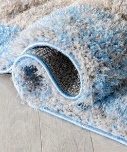 Well Woven Kenzo Retro Geometric Pattern 3D Textured Shag Grey Light Blue Rug