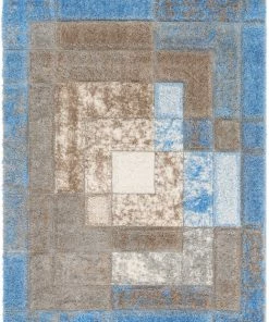 Well Woven Kenzo Retro Geometric Pattern 3D Textured Shag Grey Light Blue Rug