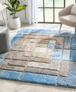 Well Woven Kenzo Retro Geometric Pattern 3D Textured Shag Grey Light Blue Rug
