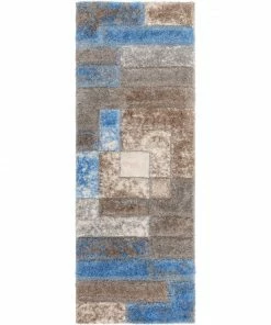 Well Woven Kenzo Retro Geometric Pattern 3D Textured Shag Grey Light Blue Rug