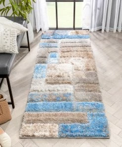 Well Woven Kenzo Retro Geometric Pattern 3D Textured Shag Grey Light Blue Rug