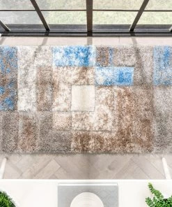 Well Woven Kenzo Retro Geometric Pattern 3D Textured Shag Grey Light Blue Rug