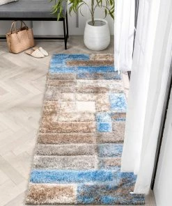 Well Woven Kenzo Retro Geometric Pattern 3D Textured Shag Grey Light Blue Rug