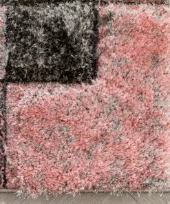 Well Woven Kenzo Retro Geometric Pattern 3D Textured Shag Pink Grey Rug