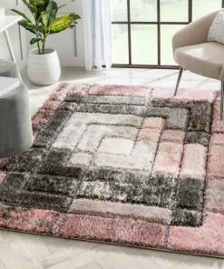 Well Woven Kenzo Retro Geometric Pattern 3D Textured Shag Pink Grey Rug