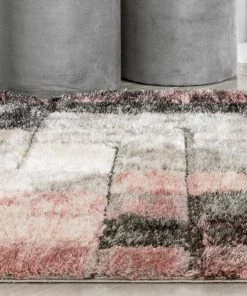 Well Woven Kenzo Retro Geometric Pattern 3D Textured Shag Pink Grey Rug