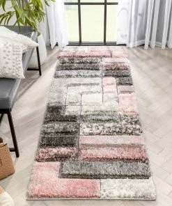 Well Woven Kenzo Retro Geometric Pattern 3D Textured Shag Pink Grey Rug