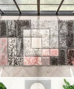 Well Woven Kenzo Retro Geometric Pattern 3D Textured Shag Pink Grey Rug