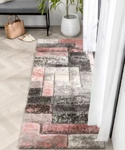 Well Woven Kenzo Retro Geometric Pattern 3D Textured Shag Pink Grey Rug