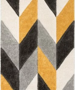 Well Woven Mika Retro Chevron 3D Textured Shag Yellow Grey Rug