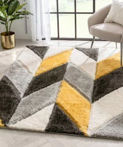 Well Woven Mika Retro Chevron 3D Textured Shag Yellow Grey Rug