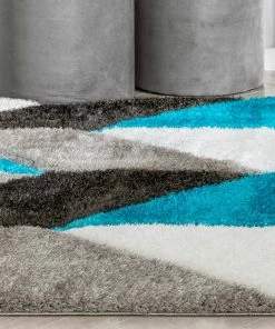 Well Woven Mika Retro Chevron 3D Textured Shag Teal Grey Rug