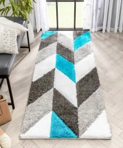 Well Woven Mika Retro Chevron 3D Textured Shag Teal Grey Rug