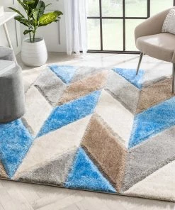 Well Woven Mika Retro Chevron 3D Textured Shag Grey Light Blue Rug