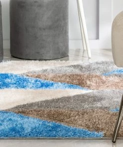 Well Woven Mika Retro Chevron 3D Textured Shag Grey Light Blue Rug