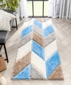 Well Woven Mika Retro Chevron 3D Textured Shag Grey Light Blue Rug