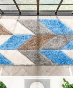 Well Woven Mika Retro Chevron 3D Textured Shag Grey Light Blue Rug