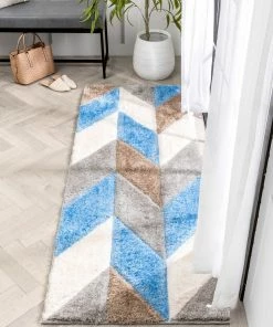 Well Woven Mika Retro Chevron 3D Textured Shag Grey Light Blue Rug