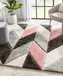 Well Woven Mika Retro Chevron 3D Textured Shag Pink Grey Rug