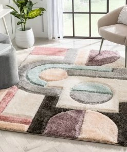 Well Woven Remi Modern Geometric Stripes 3D Textured Shag Grey Purple Rug