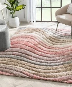 Well Woven Elsie Modern Abstract Waves 3D Textured Shag Grey Pink Rug