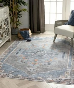 Well Woven Cambria Machine Washable Vintage Medallion Oriental Light Blue Flat-Weave Distressed 5'3" X 7'3" Rug Global