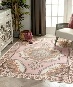 Well Woven Cartago Machine Washable Vintage Medallion Persian Blush Flat-Weave Distressed 5'3" X 7'3" Rug