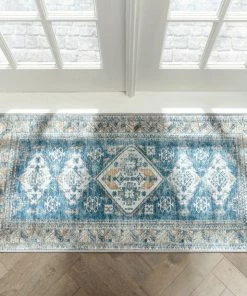Well Woven Habra Machine Washable Vintage Medallion Oriental Light Blue Flat-Weave Distressed Rug Global