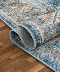 Well Woven Habra Machine Washable Vintage Medallion Oriental Light Blue Flat-Weave Distressed Rug Global
