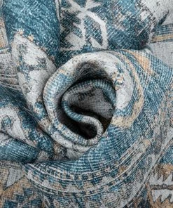 Well Woven Habra Machine Washable Vintage Medallion Oriental Light Blue Flat-Weave Distressed Rug Global