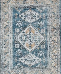 Well Woven Habra Machine Washable Vintage Medallion Oriental Light Blue Flat-Weave Distressed Rug Global