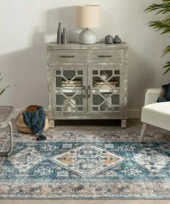 Well Woven Habra Machine Washable Vintage Medallion Oriental Light Blue Flat-Weave Distressed Rug Global
