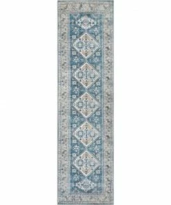 Well Woven Habra Machine Washable Vintage Medallion Oriental Light Blue Flat-Weave Distressed Rug Global